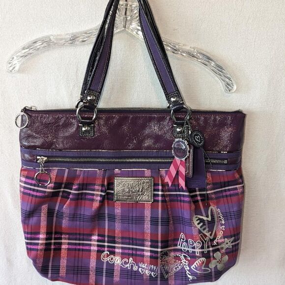 Coach Handbags - Women's Coach Poppy Purple Plaid Shoulder Bag with Bag Tags